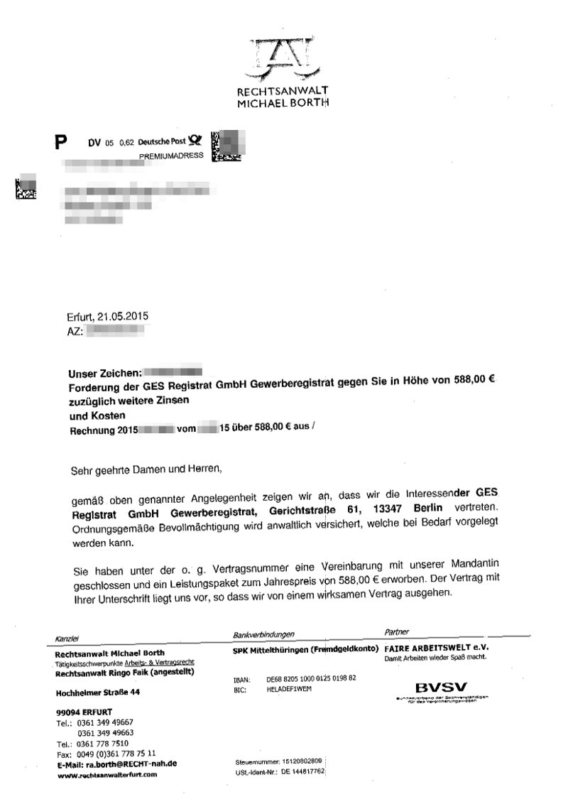 RA Borth mahnt für GES Registrat GmbH