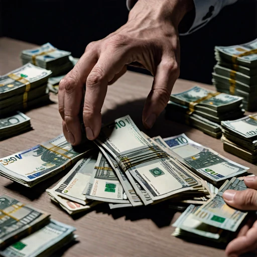 Eine Hand greift viele Geldscheine, die auf einem Tisch liegen.