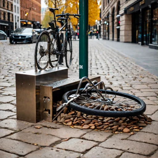 Ein Vorderrad eines Fahrrades an einem Fahrradständer