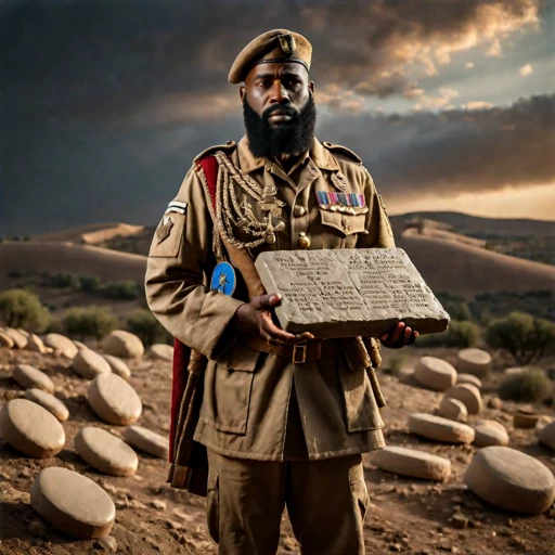 an army general standing on a hill holding clay-tables