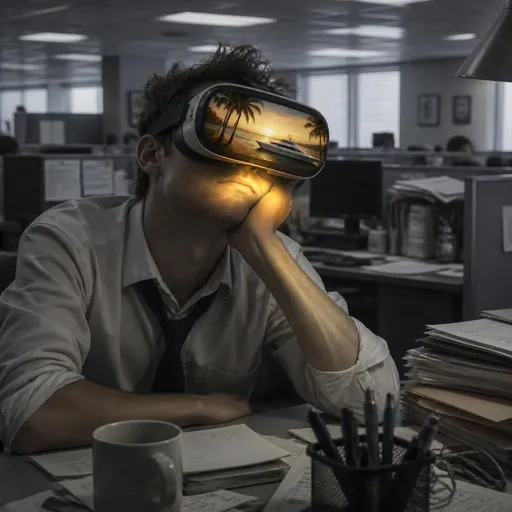 Ein Angeatellter in einem tristen Büro mit einer VR-Brille, die das Meer zeigt.