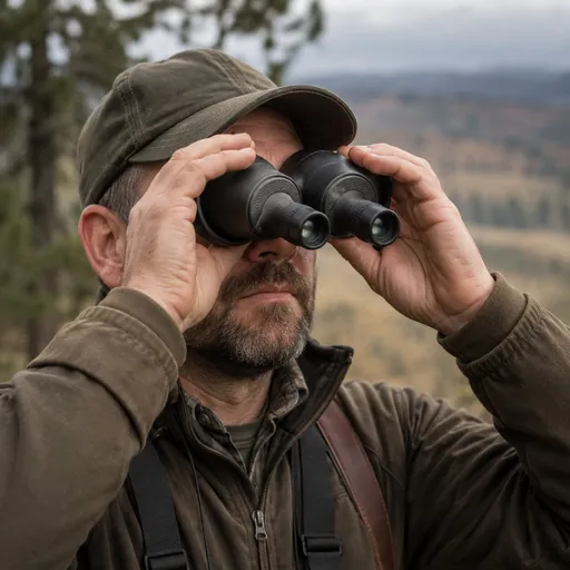 Ein Jäger hält sein Fernglas verkehrt herum