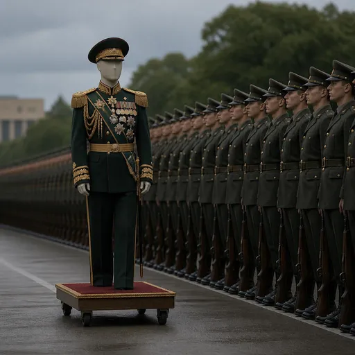 Eine Schaufensterpuppe in Generals-Unform wird an einer Parade vorbeigeschoben.