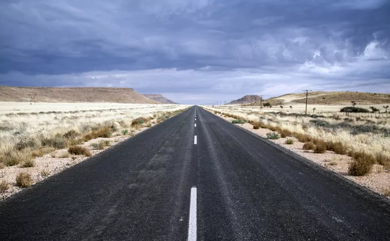 Straße führt bis zum Horizont in die Wüste