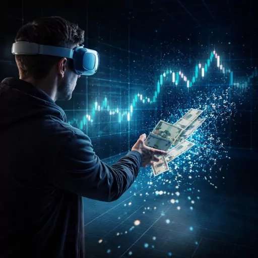 Mann mit VR-Brille wirft Geld in einen dunklen Raum, digitale Charts lösen sich in Pixel auf.